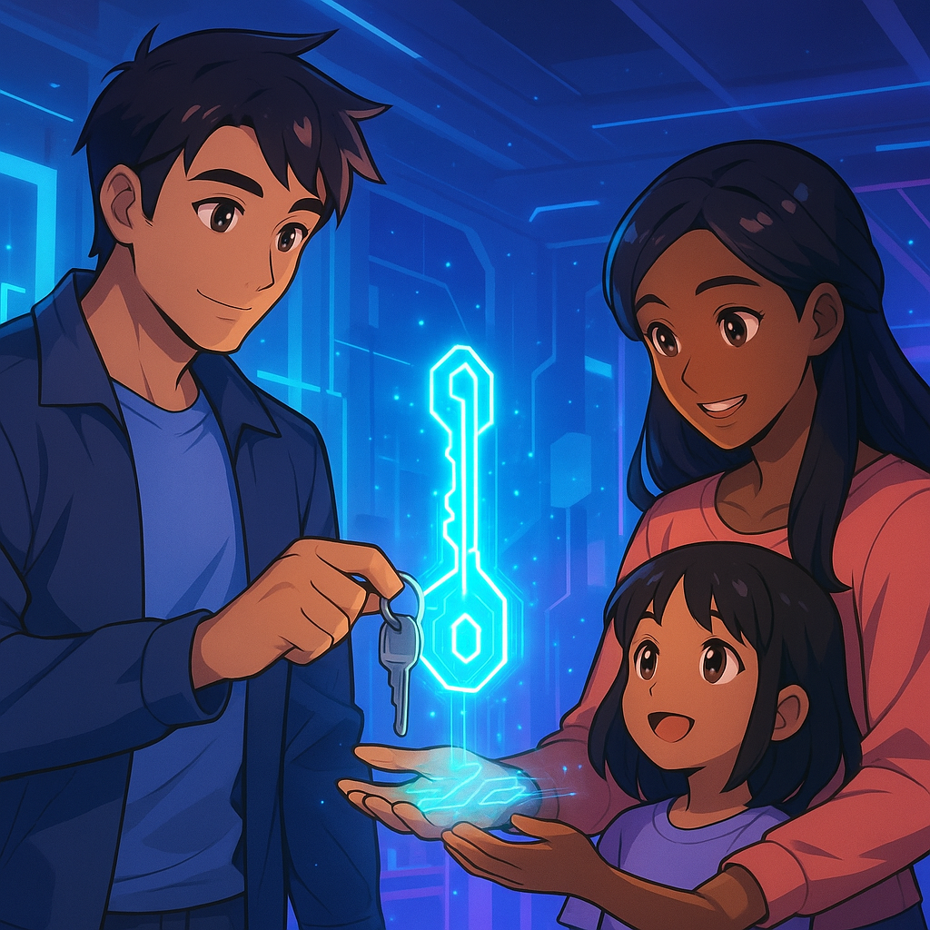 A friendly illustration of a family handing over a physical house key that gradually transforms into a glowing “digital key.