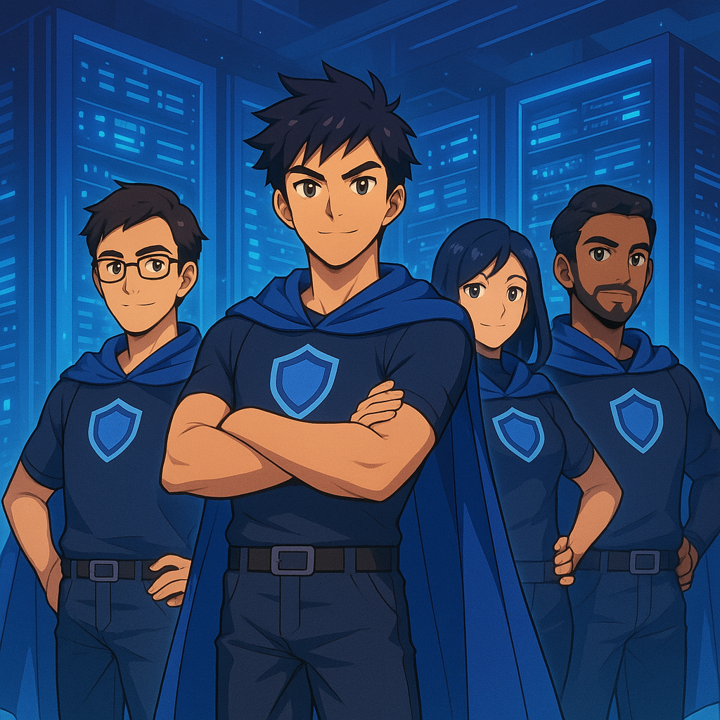 A small squad of engineers wearing subtle superhero capes with shield emblems, standing confidently in front of stylized server racks.