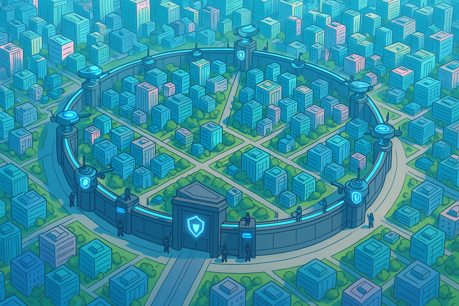 A stylized gated neighborhood labeled “Database Lane,” with a guard booth and an empty public road beyond.