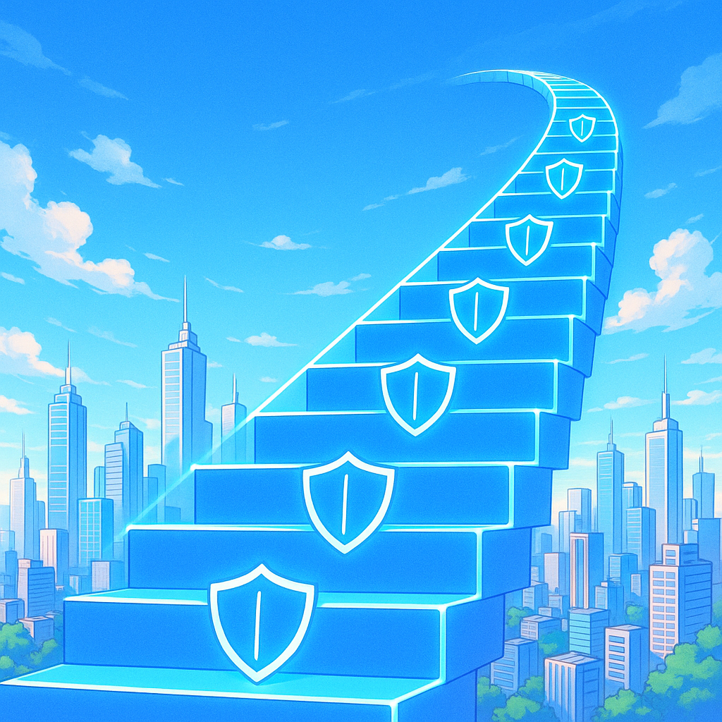 A rising staircase with a security shield on each step, symbolizing continuous improvement.
